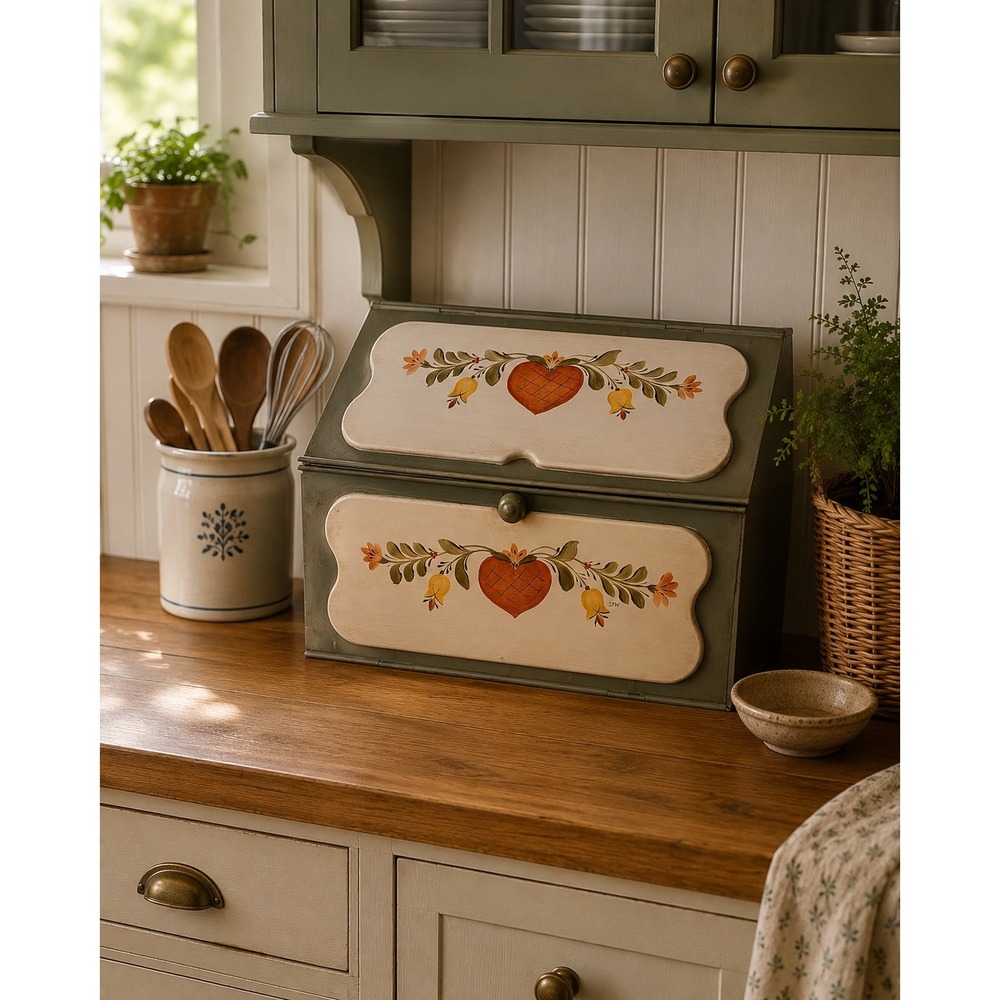 Vintage Ransburg Metal Breadbox Handpainted Folk Art 1940s Green Distressed